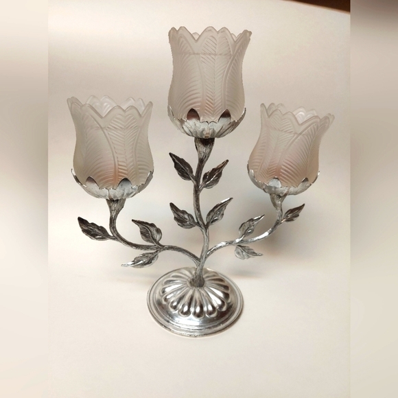 Other - Vintage* 3 Arm Silver Alloy with White Faroy Votive Glass